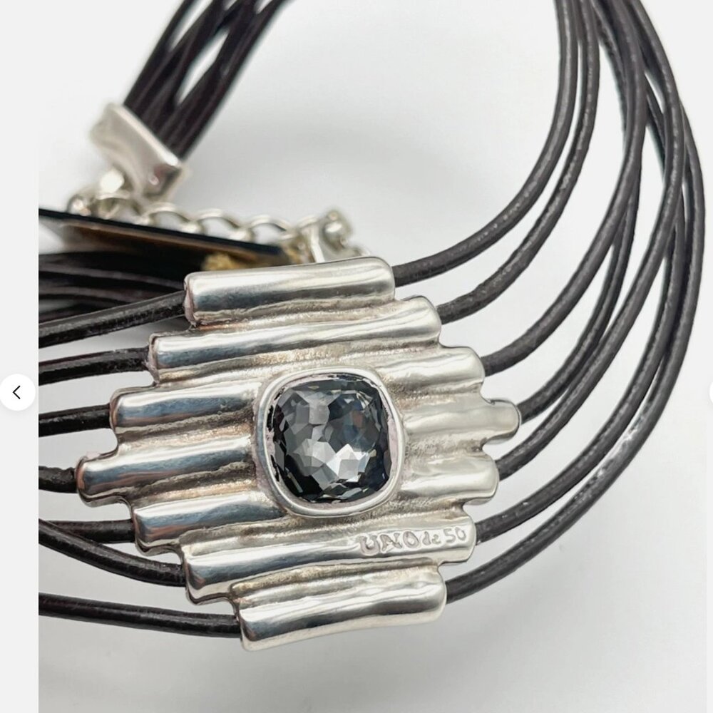 Uno de 50 Fearless Attached Crystal Choker Necklace Silver Multi Strand leather - Picture 8 of 15